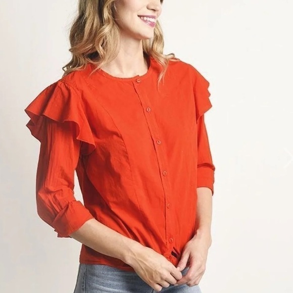 Current Elliot The Asley Button Up Ruffle Shirt Front Knot Size Medium Cotton - Picture 1 of 12